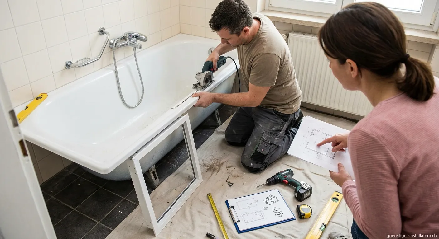 Handwerker beim Badewannentür nachträglich einbauen in weißer Wanne