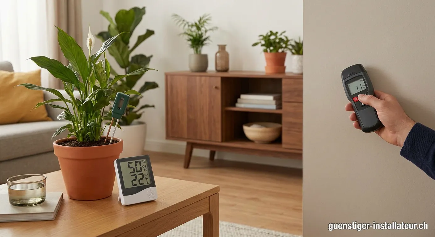 Feuchtigkeitsmessung mit digitalem Hygrometer in einem modernen Wohnraum