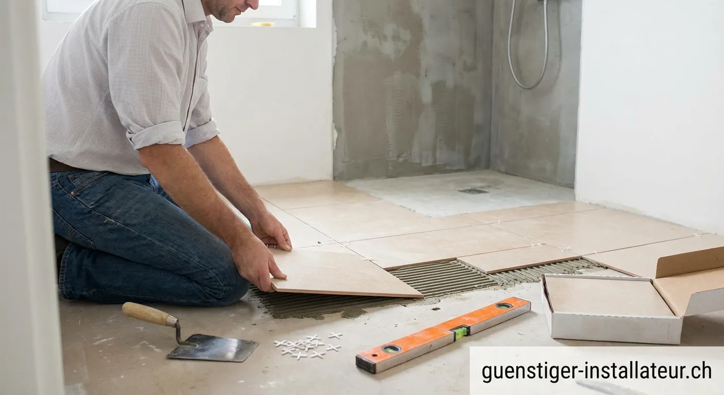 Handwerker beim Fliesen im Bad verlegen mit Wasserwaage