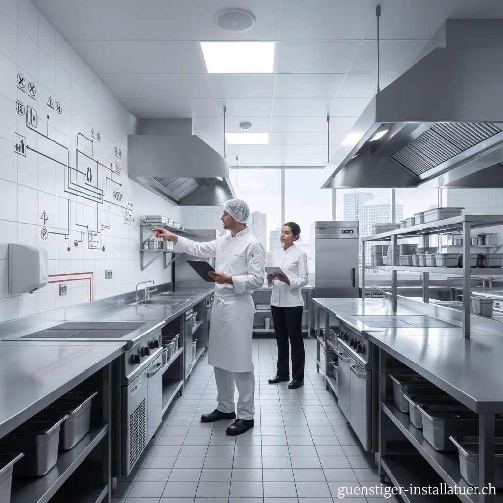 Saubere, moderne Gewerbeküche, die alle gesetzlichen Vorschriften erfüllt