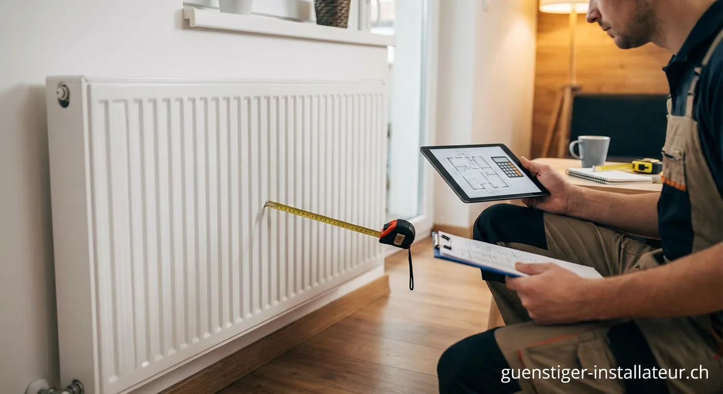 Mann misst weißen Heizkörper mit einem Zollstock zur Dimensionierung