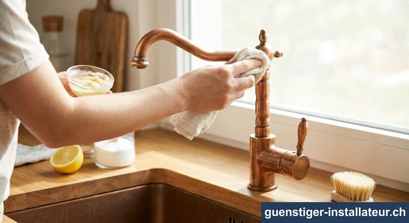 
kupferne Wasserhahn Armatur glänzend poliert im modernen Badezimmer

