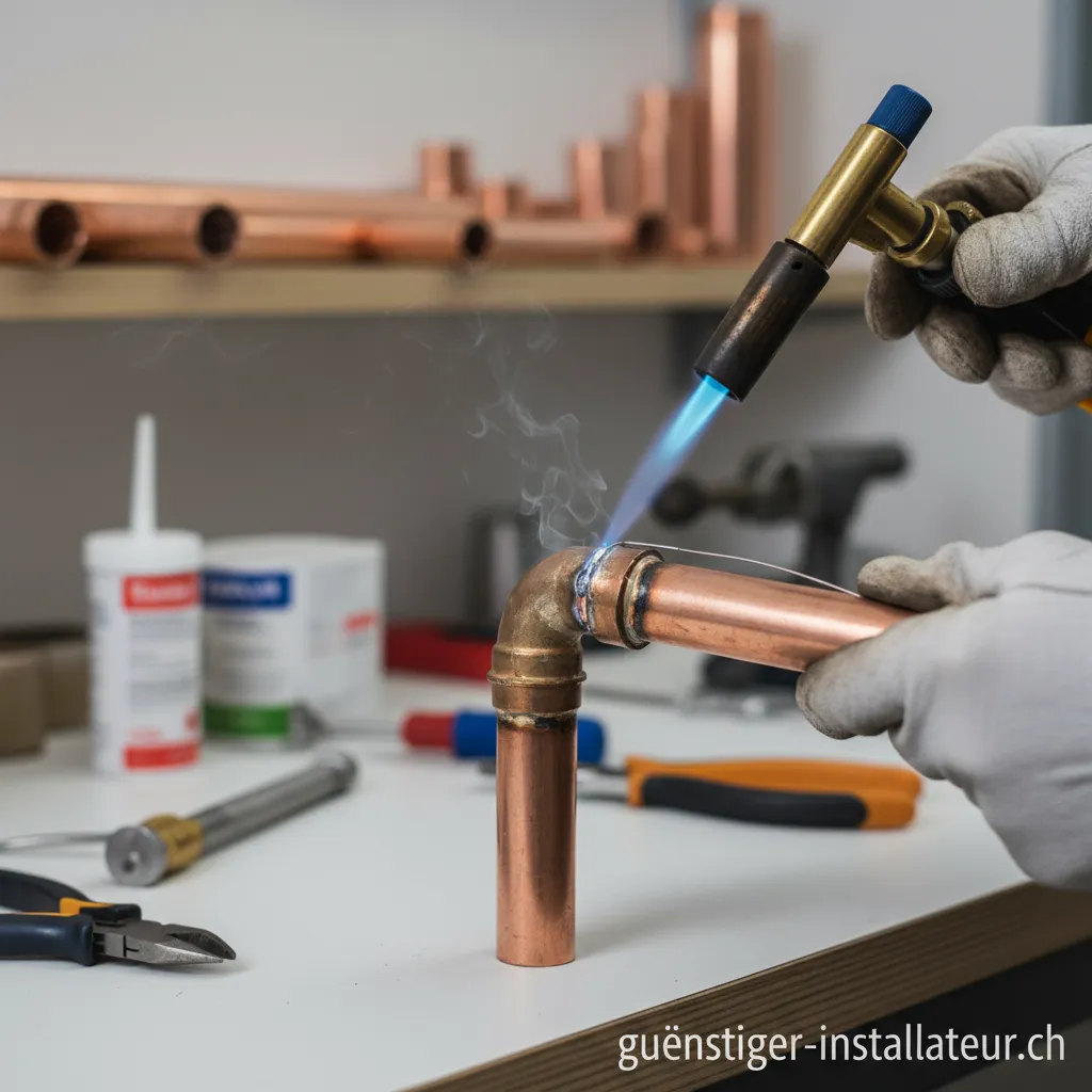 Nahaufnahme einer Person, die ein Kupferrohr mit einem Brenner lötet