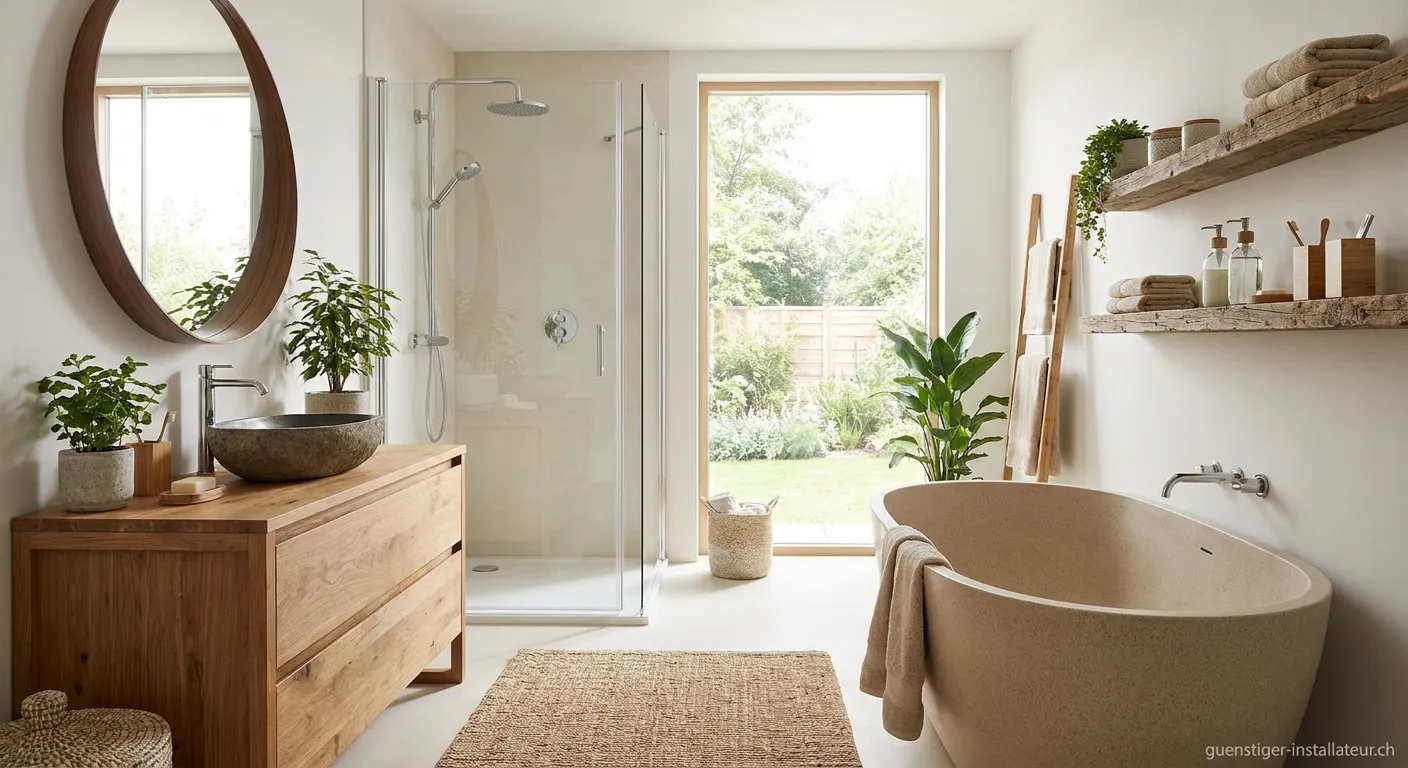 Nachhaltiges Badezimmer mit Naturstein und Pflanzen
