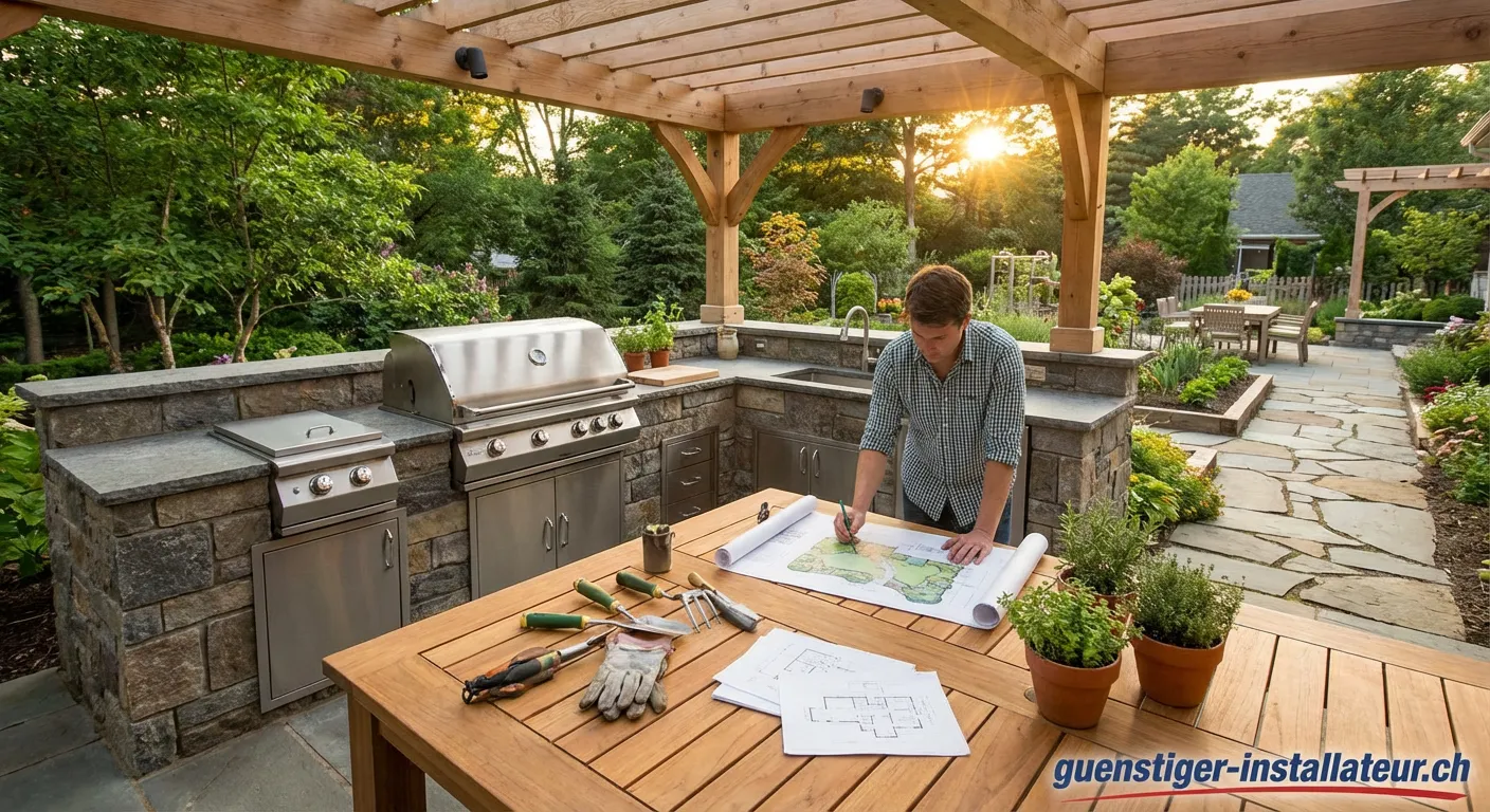 Moderne Outdoor-Küche mit Gasgrill und Spüle im Garten
