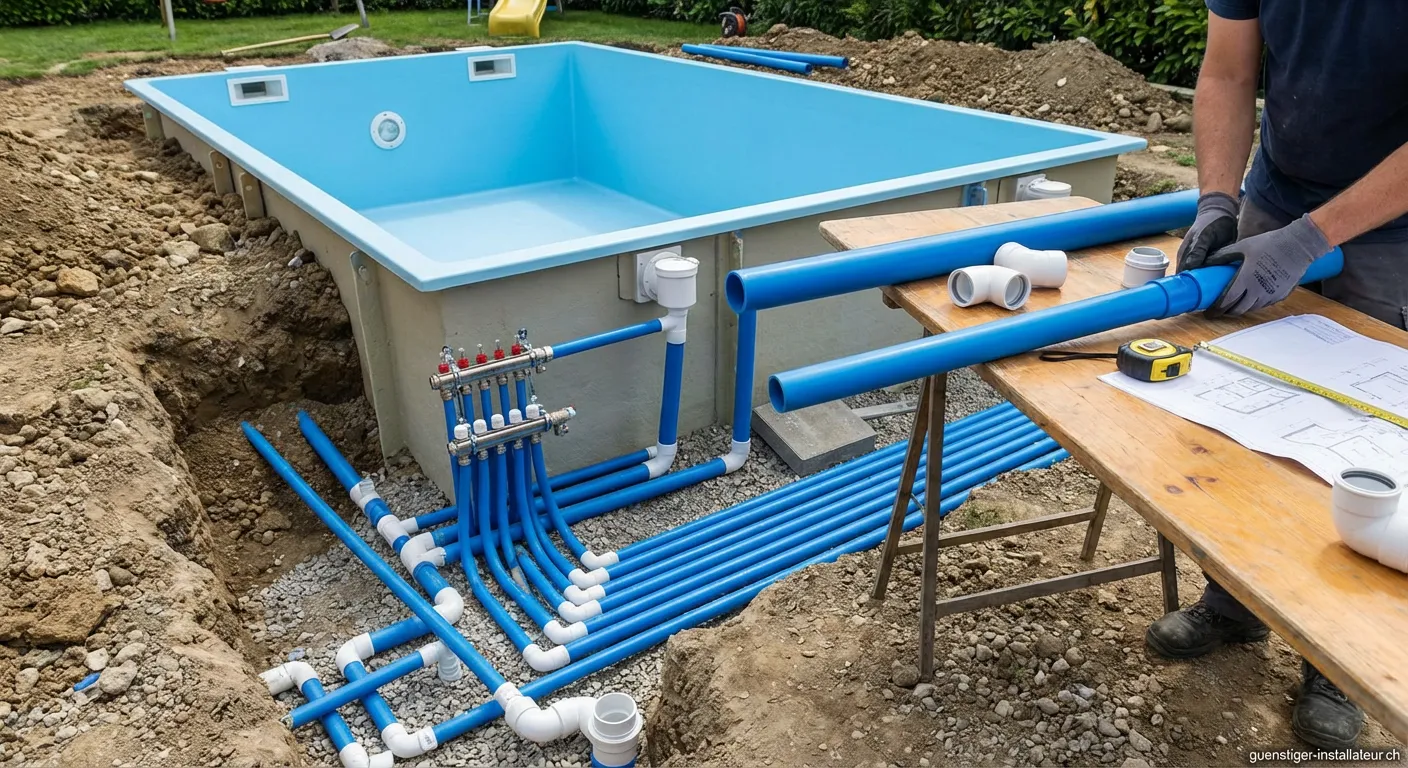 Verschiedene Poolrohrleitungen in einem Schwimmbadtechnikraum