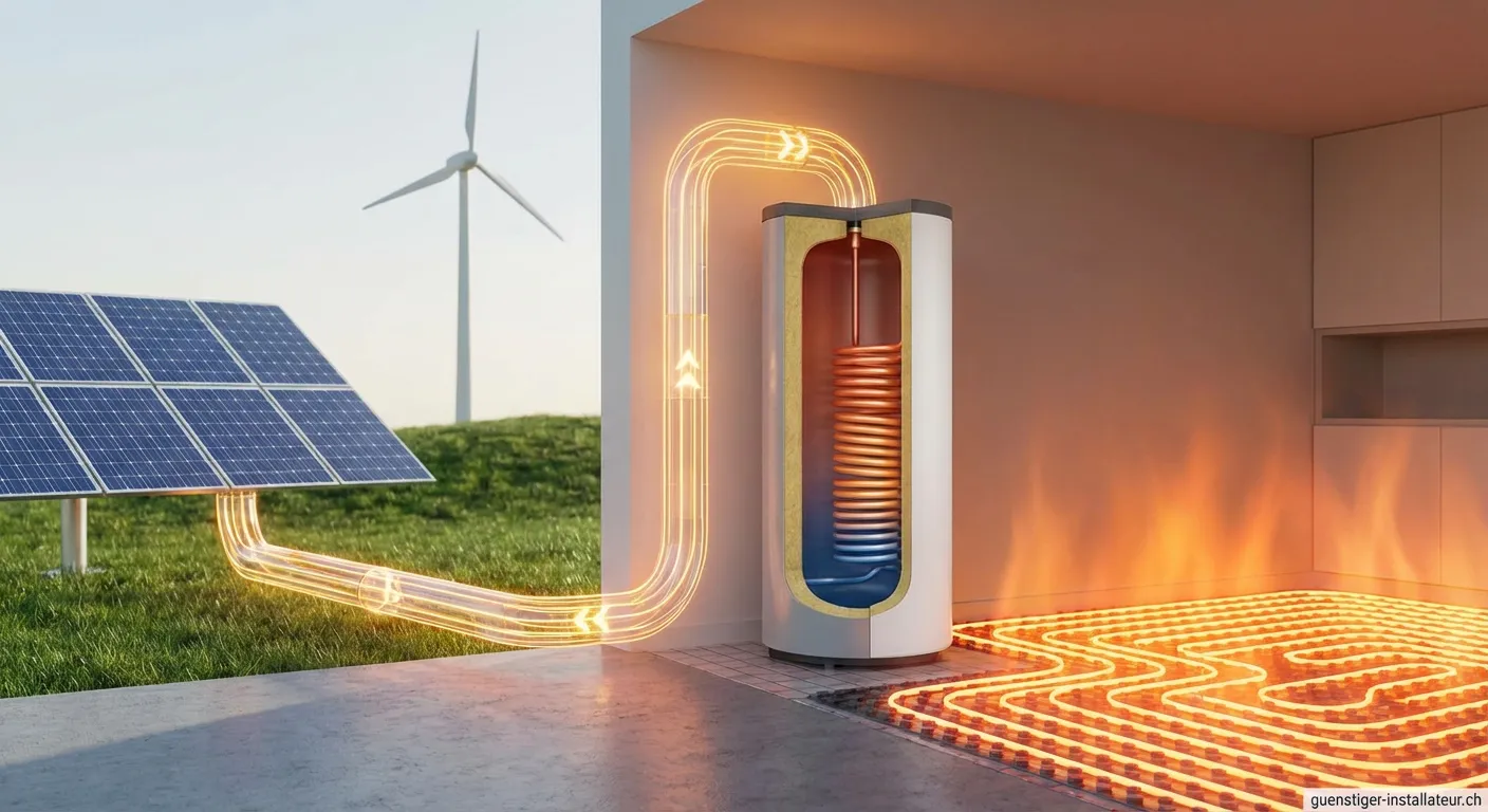 Power-to-Heat Systemdiagramm mit Solarpanels und Wärmepumpe