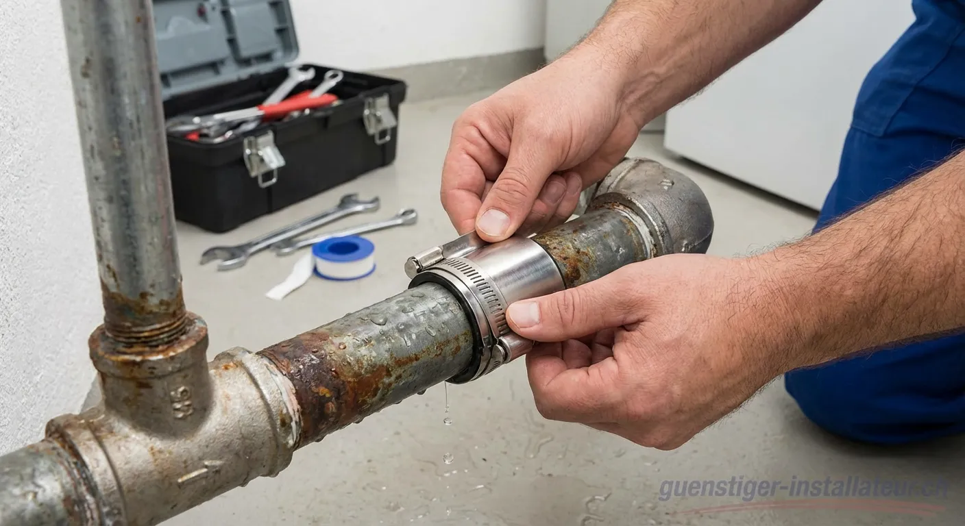 Rote Reparaturschelle an einem Wasserrohr installiert