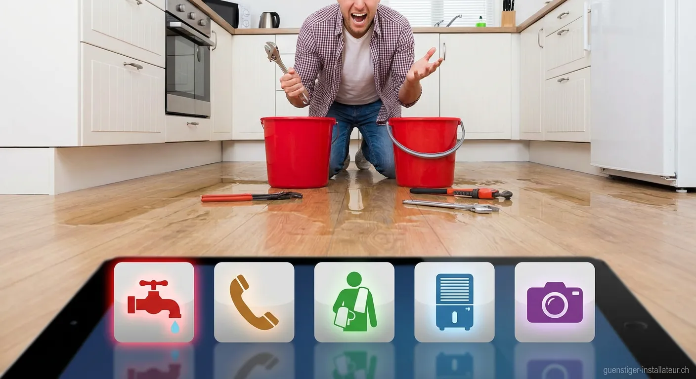 Mann dreht Hauptwasserhahn bei Rohrbruch zu