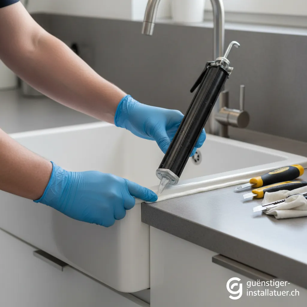 Frisch erneuerte Silikonfuge zwischen Arbeitsplatte und Fliesen in einer Küche