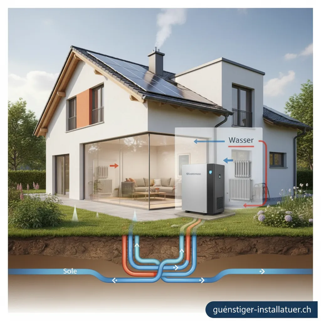 Funktionsprinzip einer Sole-Wasser-Wärmepumpe mit Erdsonde