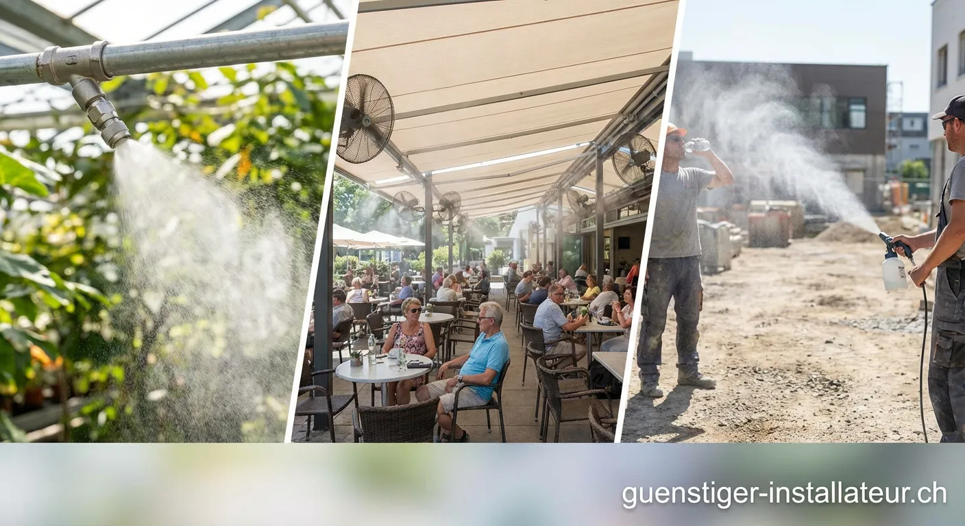 Feiner Sprühnebel aus Düsen zur Kühlung einer Terrasse