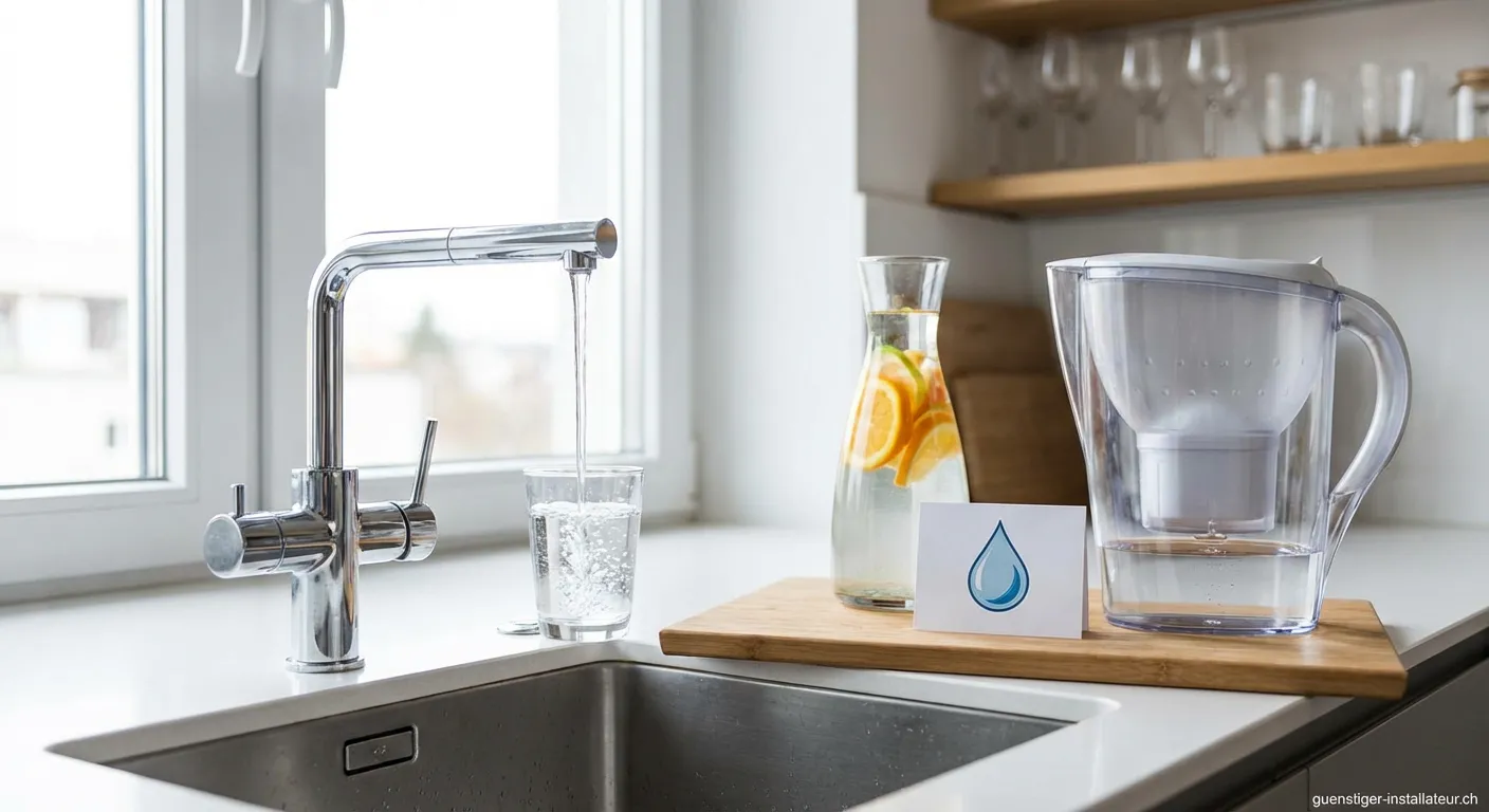 Klares Trinkwasser fliesst aus modernem Küchenhahn in ein Glas